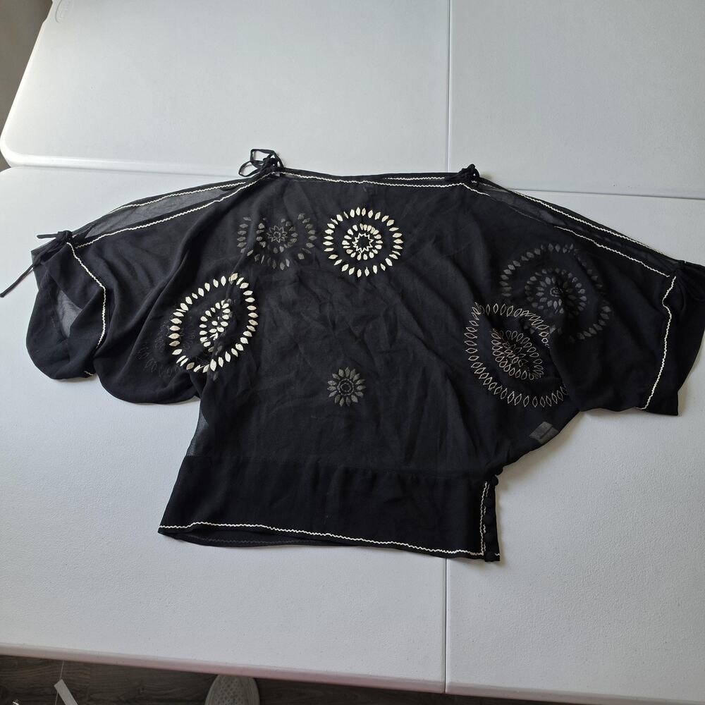 Free People Kimono Blouse Womens Small Black Floral Embroidered Sheer Whimsigoth